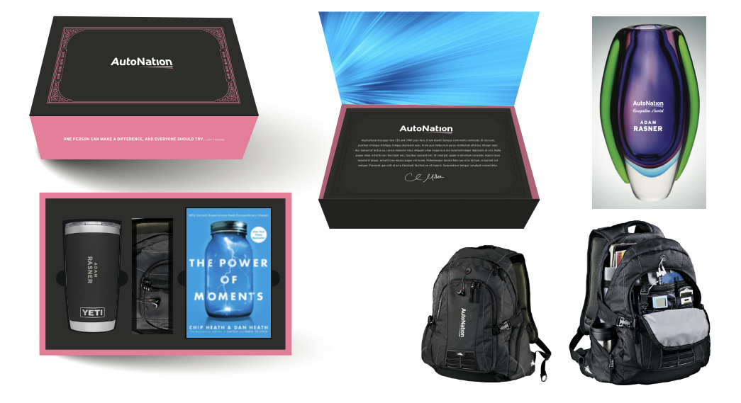 AutoNation quarterly employee recognition products produced by Bagley, including a presentation box, branded drinkware, backpack and award items