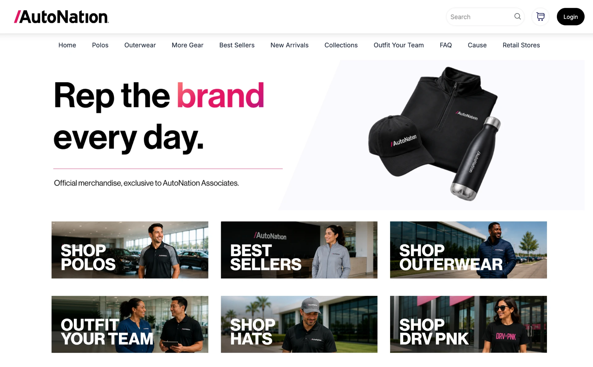 AutoNation Company Store homepage — branded apparel, headwear and drinkware available to associates