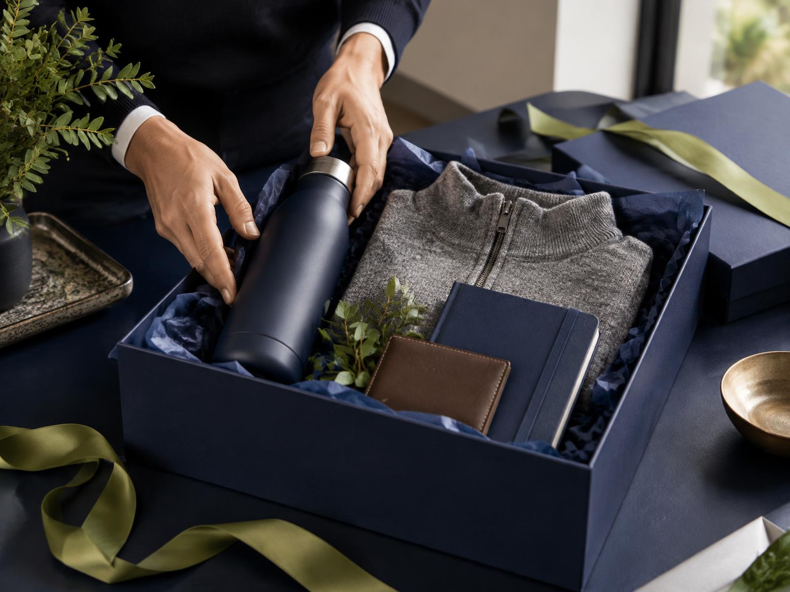 Generic premium corporate gift kit with drinkware, apparel and a notebook
