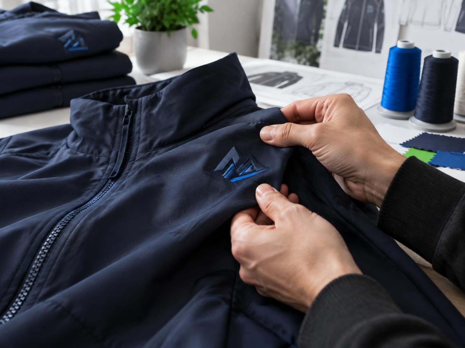 Hands inspecting detailed embroidery on premium branded apparel